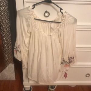 Flowy bell sleeve off the shoulder top